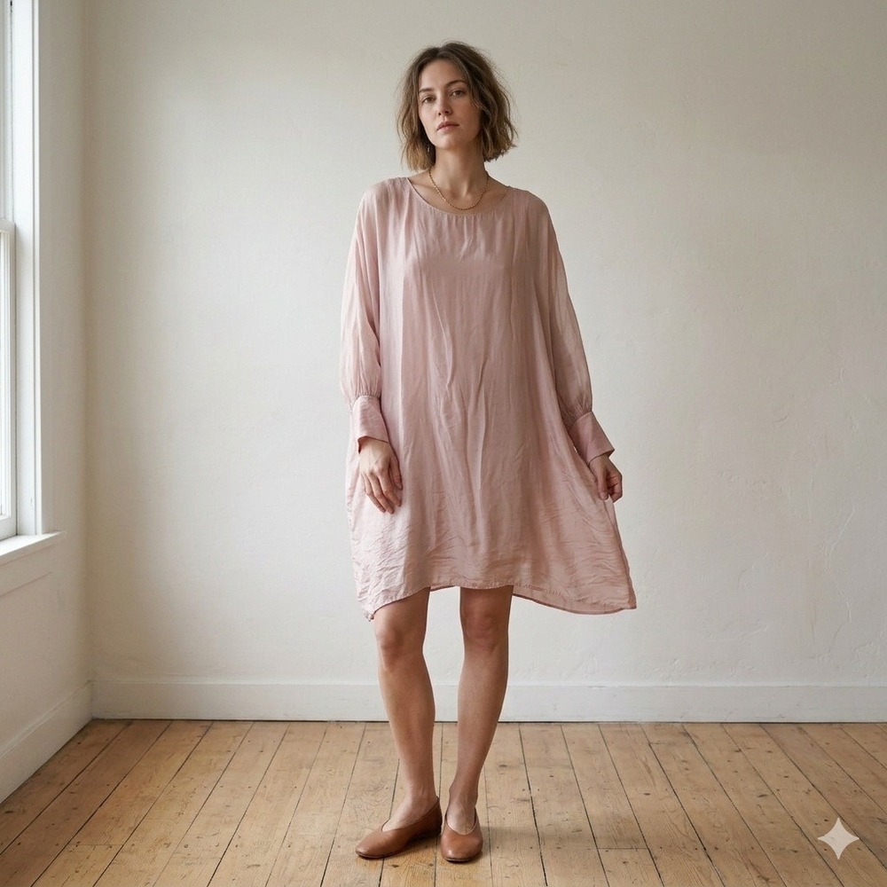 Meo Meli Womens Dress OS Pink Silk Blend Batwing Sheer Lagenlook Italian Beachy
